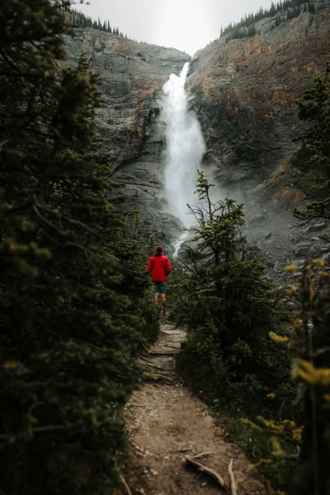 Hiker Red Jacket Waterfall