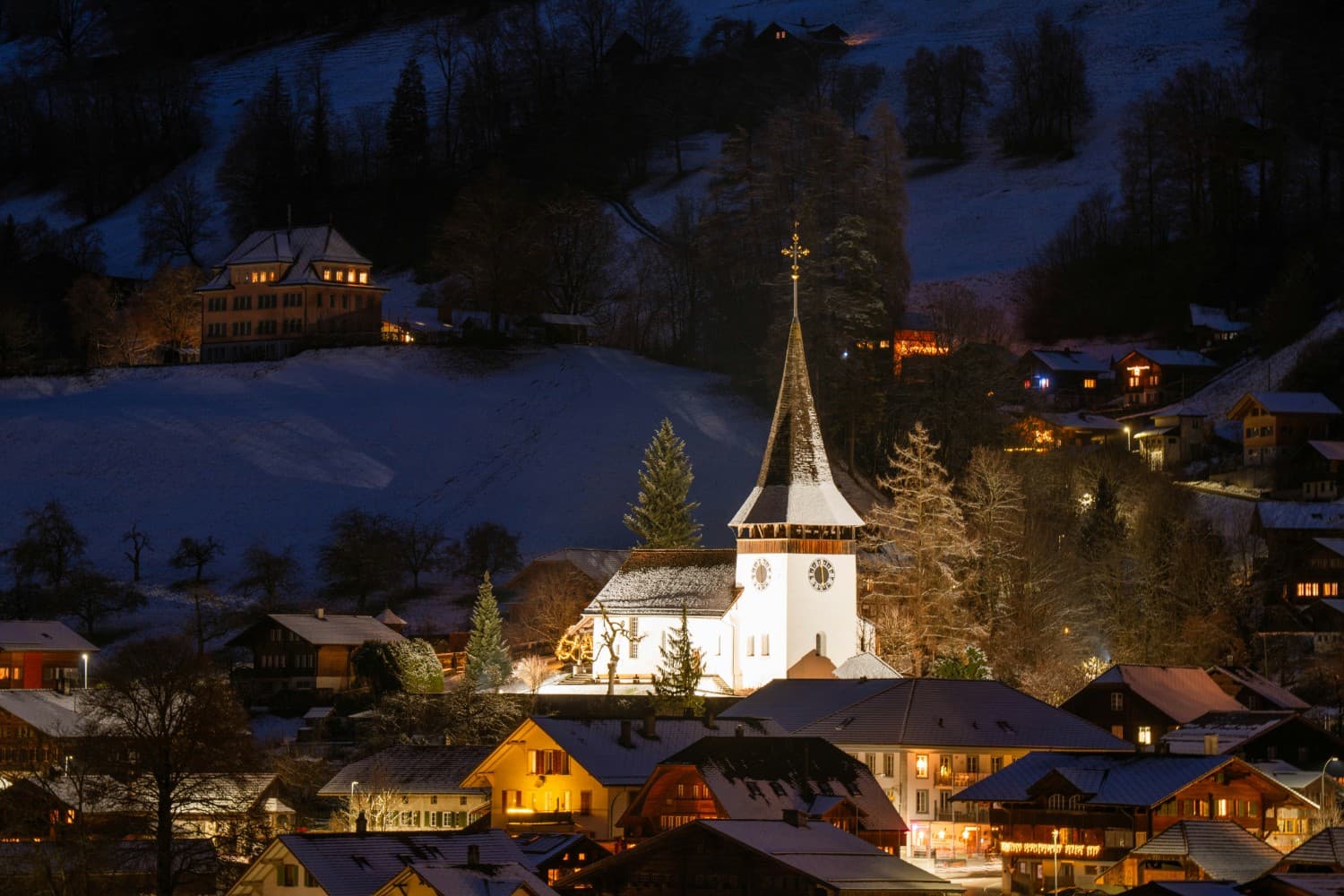 Swiss Alpine Village Night